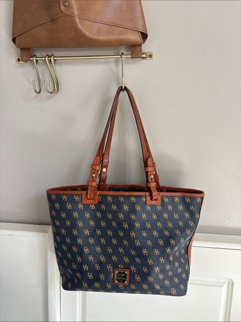 Dooney & Bourke Navy and Brown Coated Canvas Signature Tote